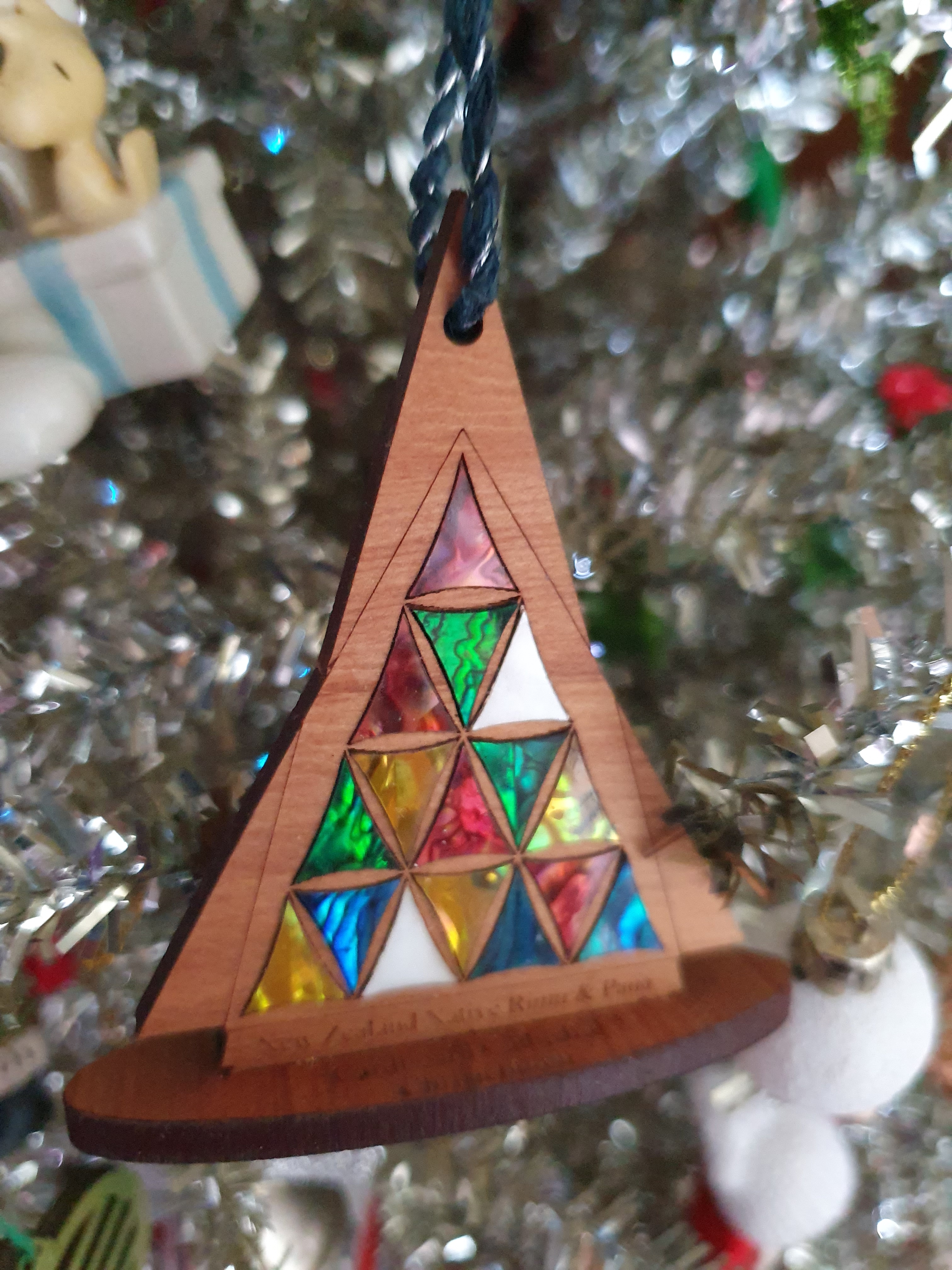 Tree ornament of a glass window at the Cardboard Cathedral